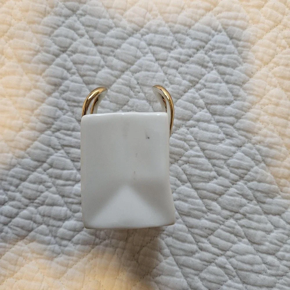 Miniature White Porcelain‎ Shopping Gift Bag Gold Gilded handle Decor bud vase